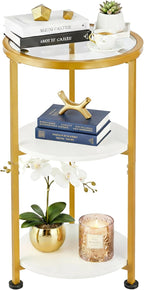Glass Side Table, Tempered Glass Small Round Side Table with 3-Tier Storage Shelves for Small Spaces, Modern Glass Round End Table for Living Room, Bedside Nightstand for Bedroom (White+Gold)