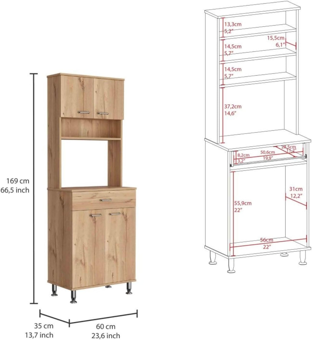 60" Freestanding Kitchen Panty Solid Wood Food Pantries with Storage Shelf & Open Countertop, Tall Buffet Cabinet Kitchenware Server with Microwave Stand & Silver Metal Handles (Beige)
