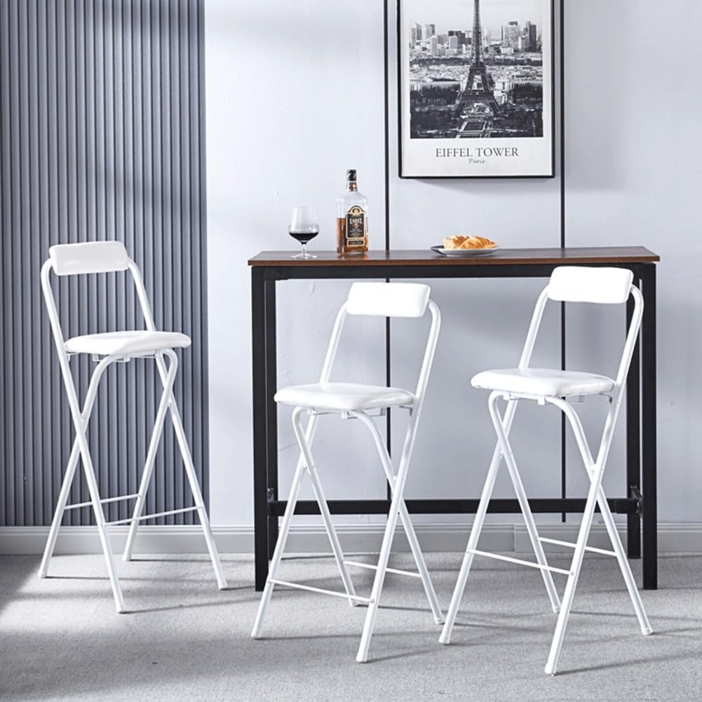 Tall Folding Stool Chair, 22/24/26/28/30 Inch Folding Bar Stool with Backrest and Padded, Portable Indoor Counter Bar Stools, Home Adults Breakfast Stool(White,30 inch(75 cm))