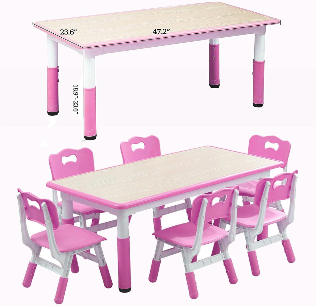 GarveeHome Kids Table and 6 Chair Set - Height Adjustable, Multifunctional Desk, Ergonomically Designed Chairs, Max 300 LBS, for Ages 2-10, Classroom, Daycares, Home