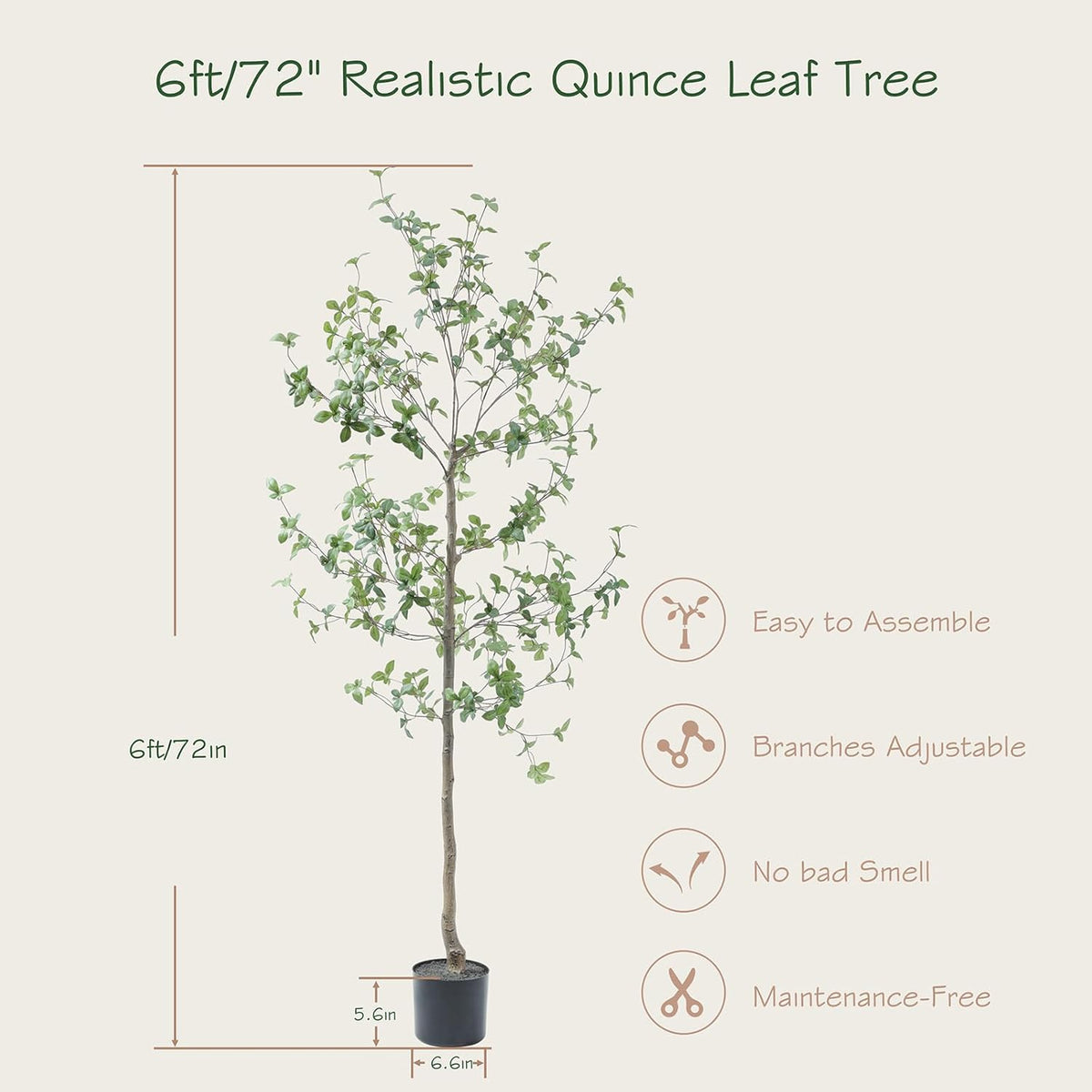 Bellacat 6ft Faux Quince Leaf Tree with Lifelike Leaves & Realistic Trunks, 72in Artificial Quince Leaf Tree for Garden, Home, Office, Porch, Balcony,Living Room Decor.
