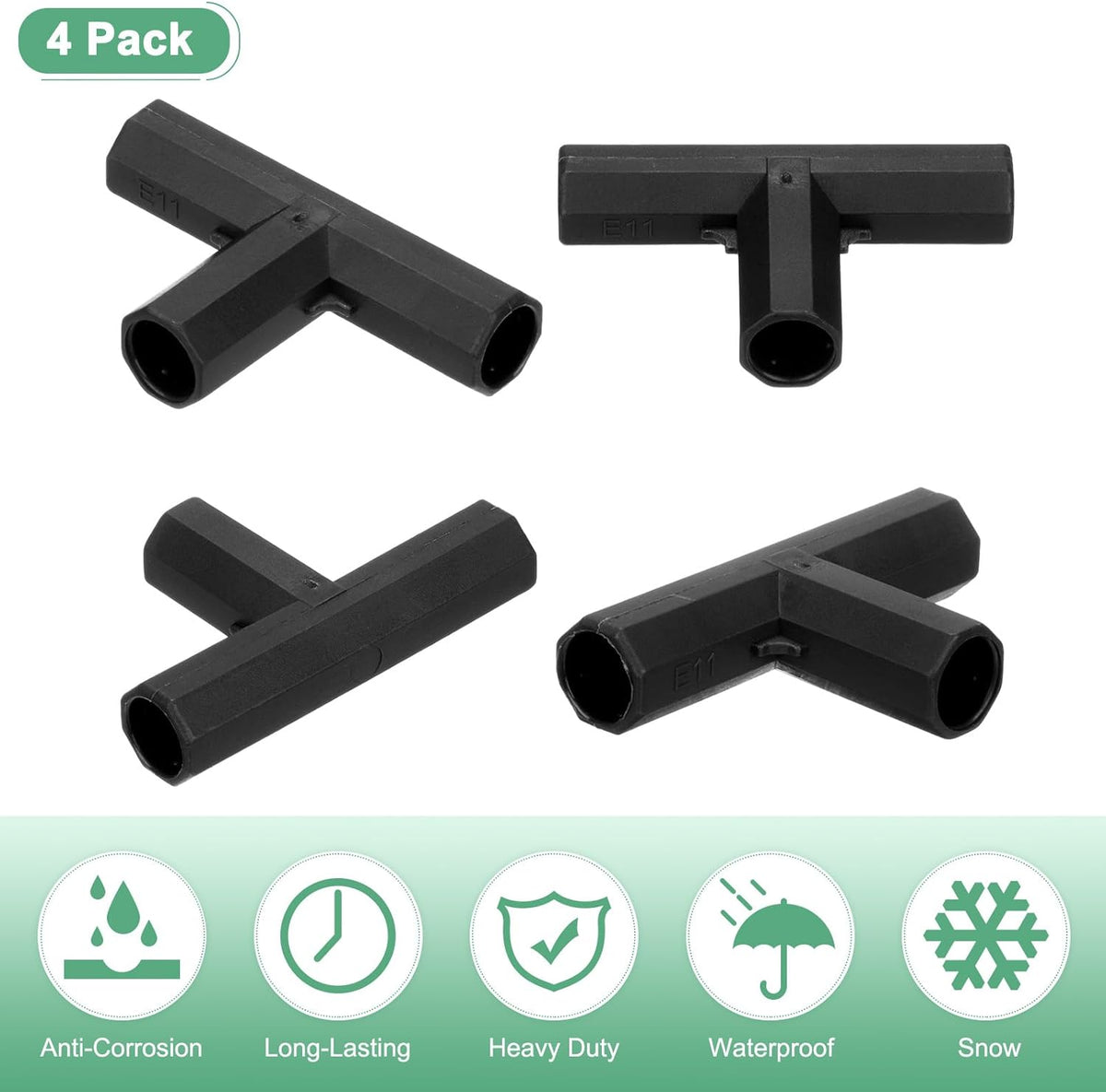4 Pcs 11mm Greenhouse Frame Building Connectors, 3 Way Flat Pipe Fitting for Grape Trellis/Sunscreen Shed/Gardening Plant Stakes, Greenhouse Accessories [Black]