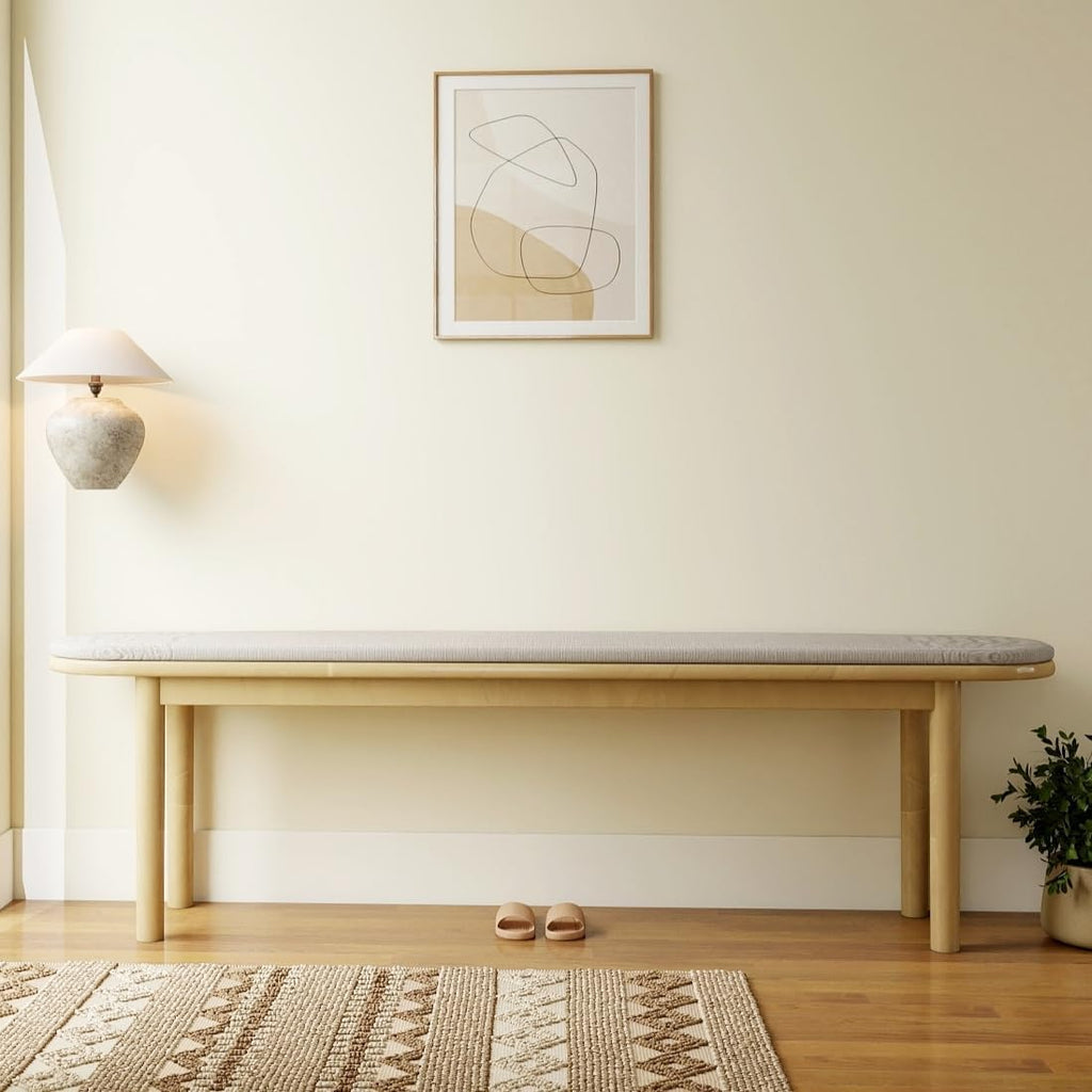 63" Dining Bench Rubber Wood for 6-8 Person,Bedroom Bench,Window Bench,Entryway Bench,Upholstered Bench,with Padded Seat and Solid Wood Leg for Kitchen,Indoor and Hallway,Beige, 63in.