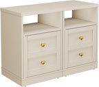 RoyalCraft End Table Set of 2, Nightstand with Storage Shelf and Door, Faux Two-Drawer Design Side Table, Wood Beside Table for Small Spaces, Modern NightStand for Living Room Bedroom Dorm, Beige