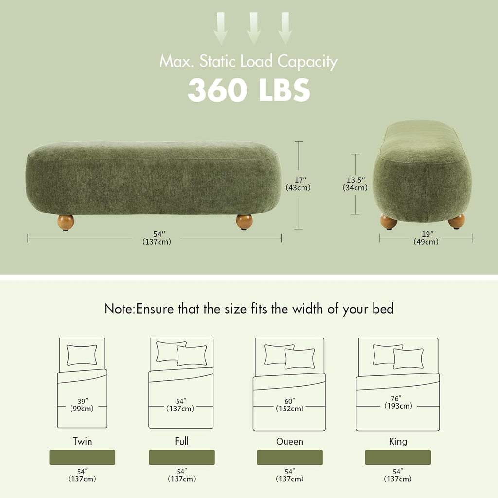 Hyfirm 54" Green Chenille Upholstered Bench – End of Bed Ottoman with Round Solid Wood Legs, Long Oval Footstool for Entryway & Hallway, Padded Seat (No Back)