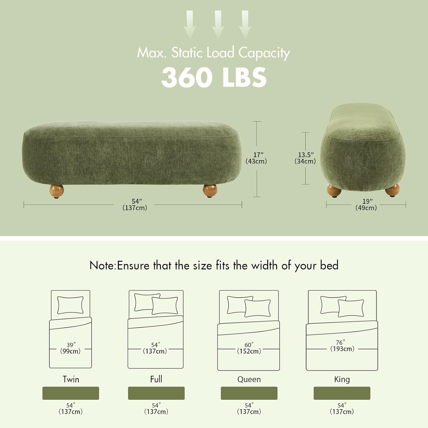 Hyfirm 54" Green Chenille Upholstered Bench – End of Bed Ottoman with Round Solid Wood Legs, Long Oval Footstool for Entryway & Hallway, Padded Seat (No Back)