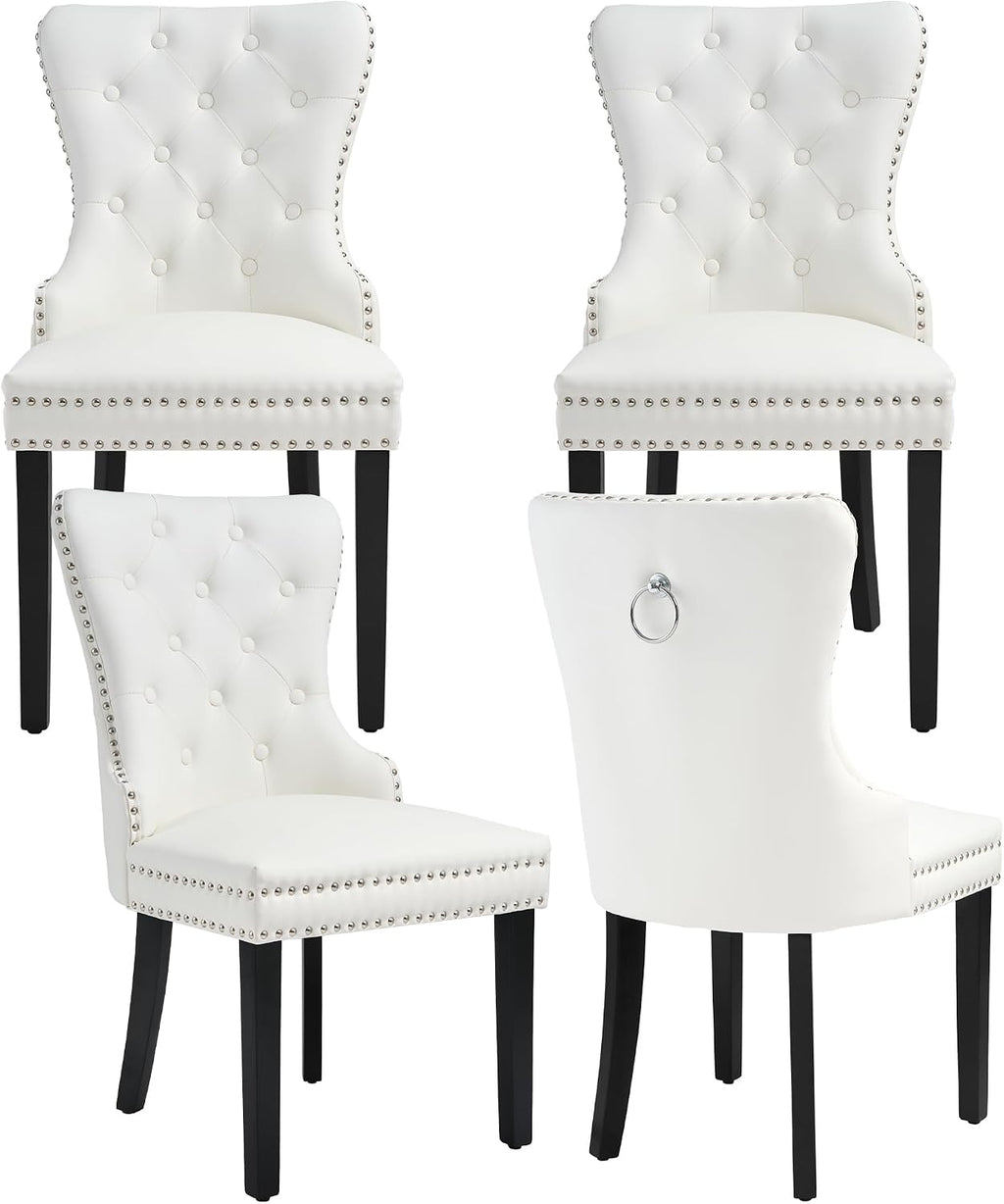 PU Leather Dining Chairs Set of 4, Upholstered Dining Room Chairs with Solid Wood Legs & Back Ring Pull Trim Ring, Modern Dining Chairs Perfect for Dining Room,Living Room,Kitchen, White