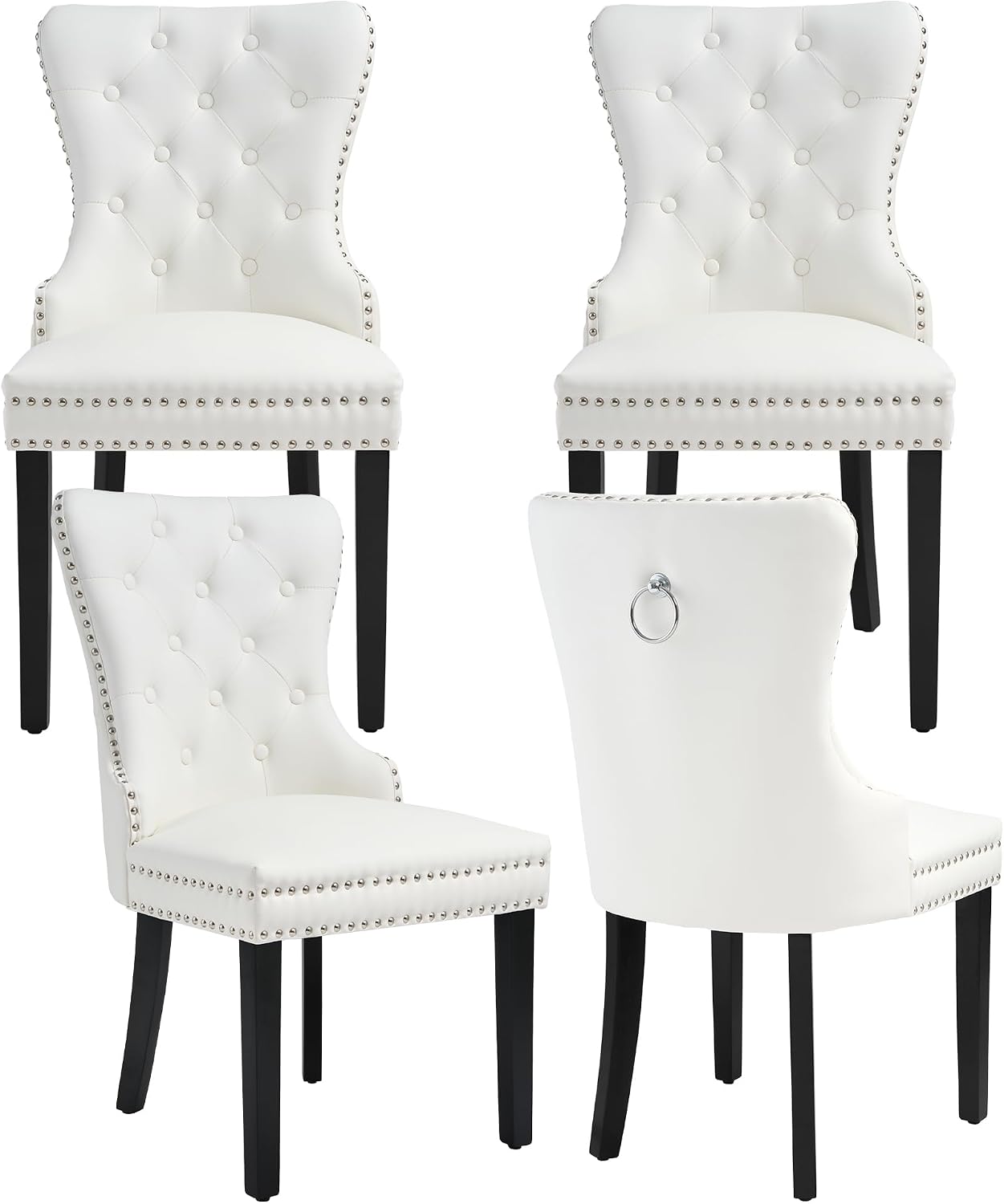 PU Leather Dining Chairs Set of 4, Upholstered Dining Room Chairs with Solid Wood Legs & Back Ring Pull Trim Ring, Modern Dining Chairs Perfect for Dining Room,Living Room,Kitchen, White