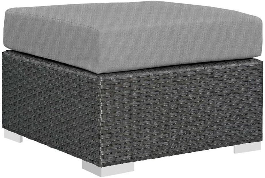 Bowery Hill Outdoor Patio Ottoman, 25 x 25 x 17.5 in, Synthetic Rattan Weave and Powder-Coated Aluminum, Canvas Gray Finish, Water and UV Resistant, Machine Washable Cushions, Backyard or Poolside Use