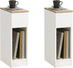 SoBuy Narrow Nightstand Set of 2 | Slim Bedside Tables with Drawers Suitable for Small Space, Small Side Tables Bedroom (White & Natural)