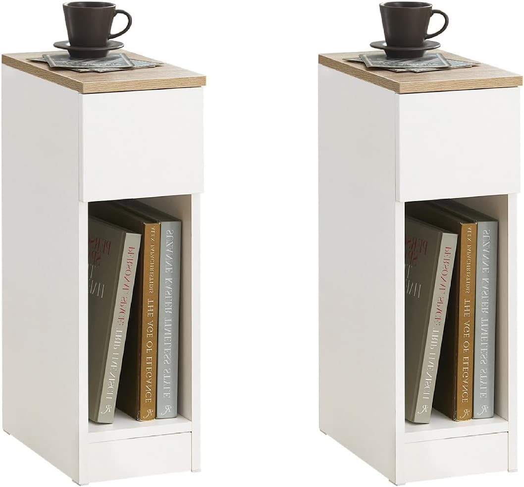 SoBuy Narrow Nightstand Set of 2 | Slim Bedside Tables with Drawers Suitable for Small Space, Small Side Tables Bedroom (White & Natural)