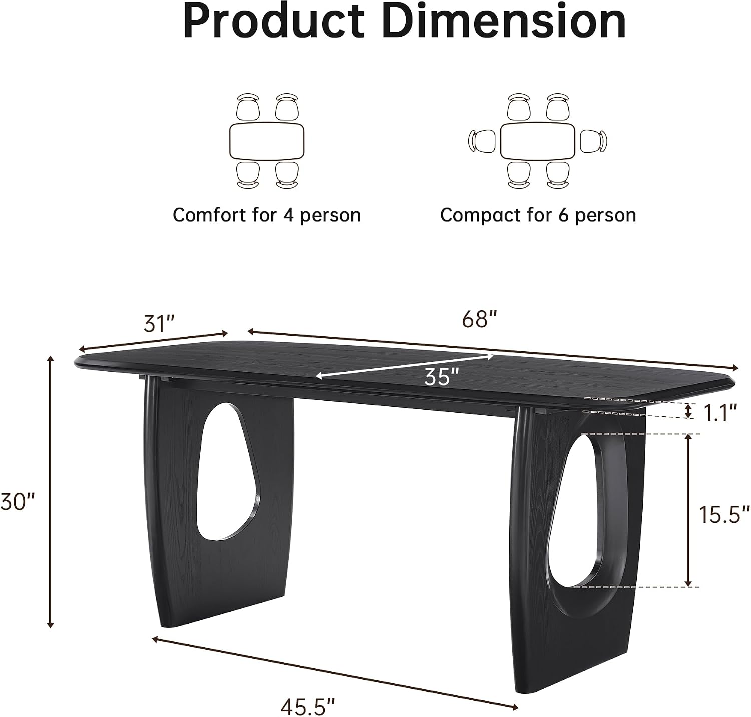 Morden Fort Modern Dining Table for 4-6 People,68'' Rectangle Dining Table, Kitchen Table with Pedestal Base, Dinner Table for Dining Room, Kitchen, Living Room (Black)