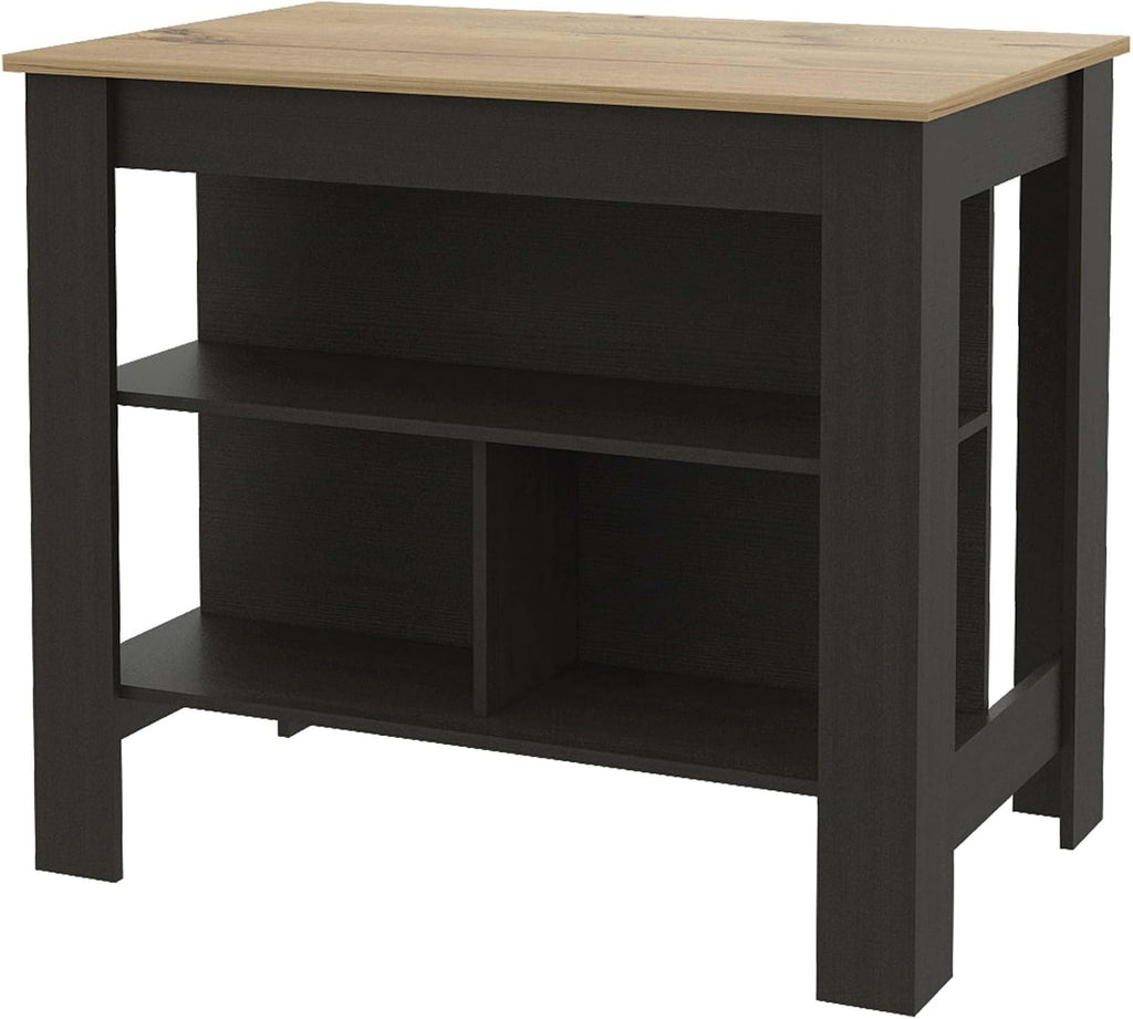 Kitchen Island with Three Concealed Shelves, Black, Light Oak | Modern kitchen island with three concealed shelves and ample storage space