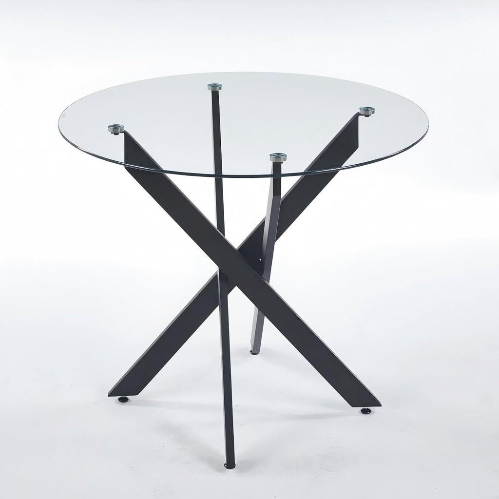 35.4" Round Glass Dining Table with Cross Metal Legs, Modern Small Kitchen Table for 2-4 People, Clear Tempered Glass Top Circle Dining Table for Living Room, Apartment, Black