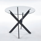 35.4" Round Glass Dining Table with Cross Metal Legs, Modern Small Kitchen Table for 2-4 People, Clear Tempered Glass Top Circle Dining Table for Living Room, Apartment, Black