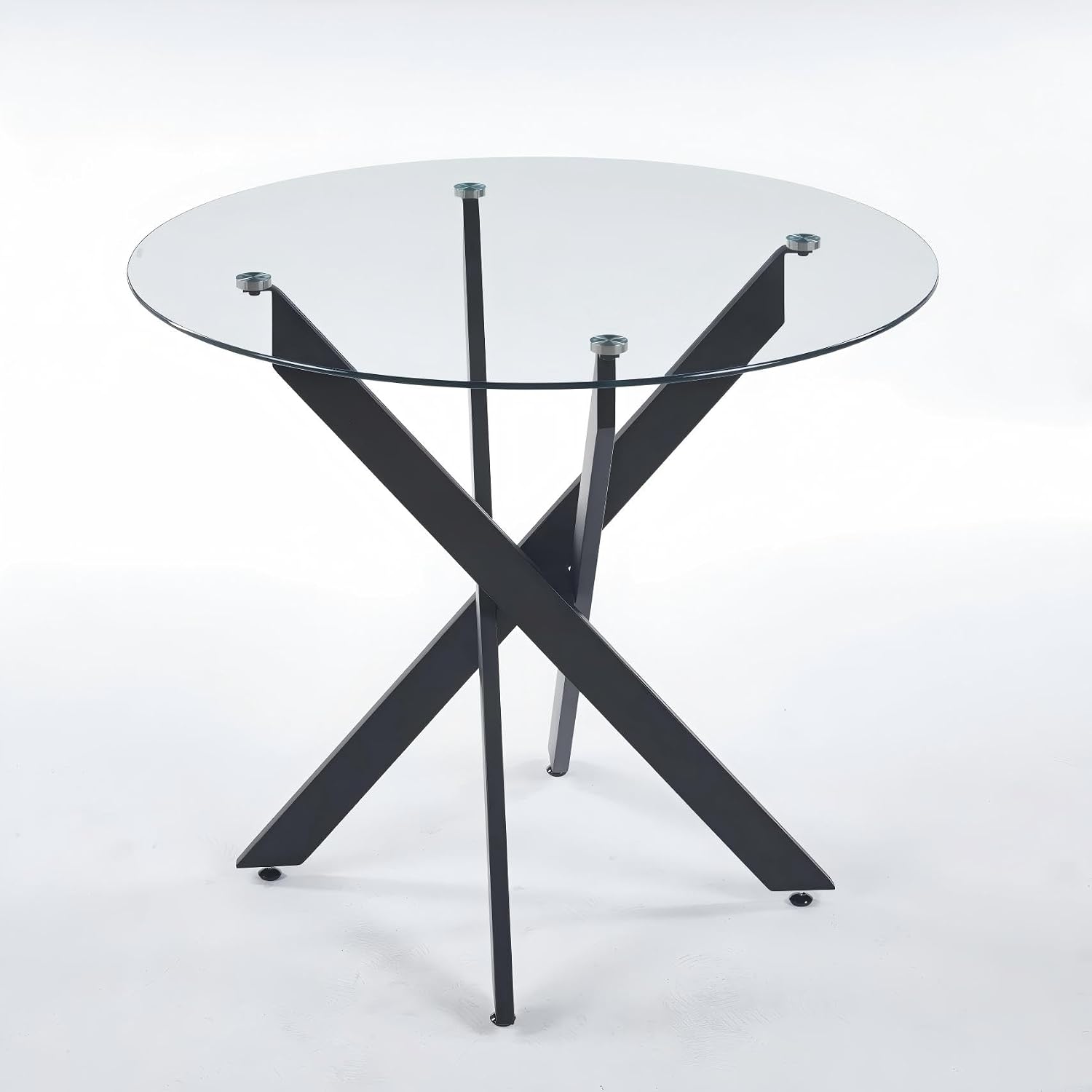 35.4" Round Glass Dining Table with Cross Metal Legs, Modern Small Kitchen Table for 2-4 People, Clear Tempered Glass Top Circle Dining Table for Living Room, Apartment, Black