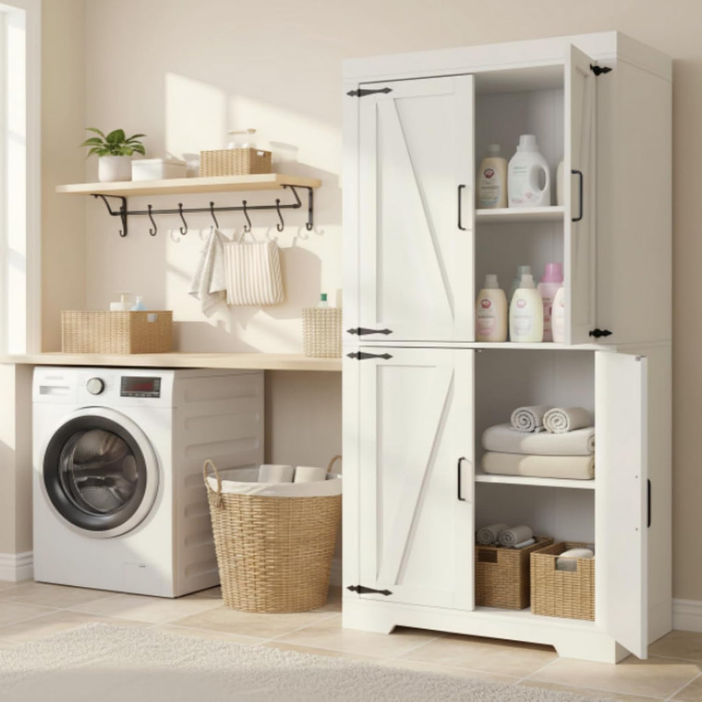 Homy Casa Farmhouse Kitchen Pantry Storage Cabinet, White Barn Door, 4-Door and 2 Shelves for Large Storage, 39 x 34 x 68.1 in，Standing Storage for Kitchen, Bathroom, Garage, Dinning Room Utility Room