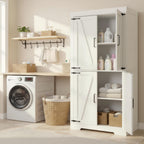 Homy Casa Farmhouse Kitchen Pantry Storage Cabinet, White Barn Door, 4-Door and 2 Shelves for Large Storage, 39 x 34 x 68.1 in，Standing Storage for Kitchen, Bathroom, Garage, Dinning Room Utility Room