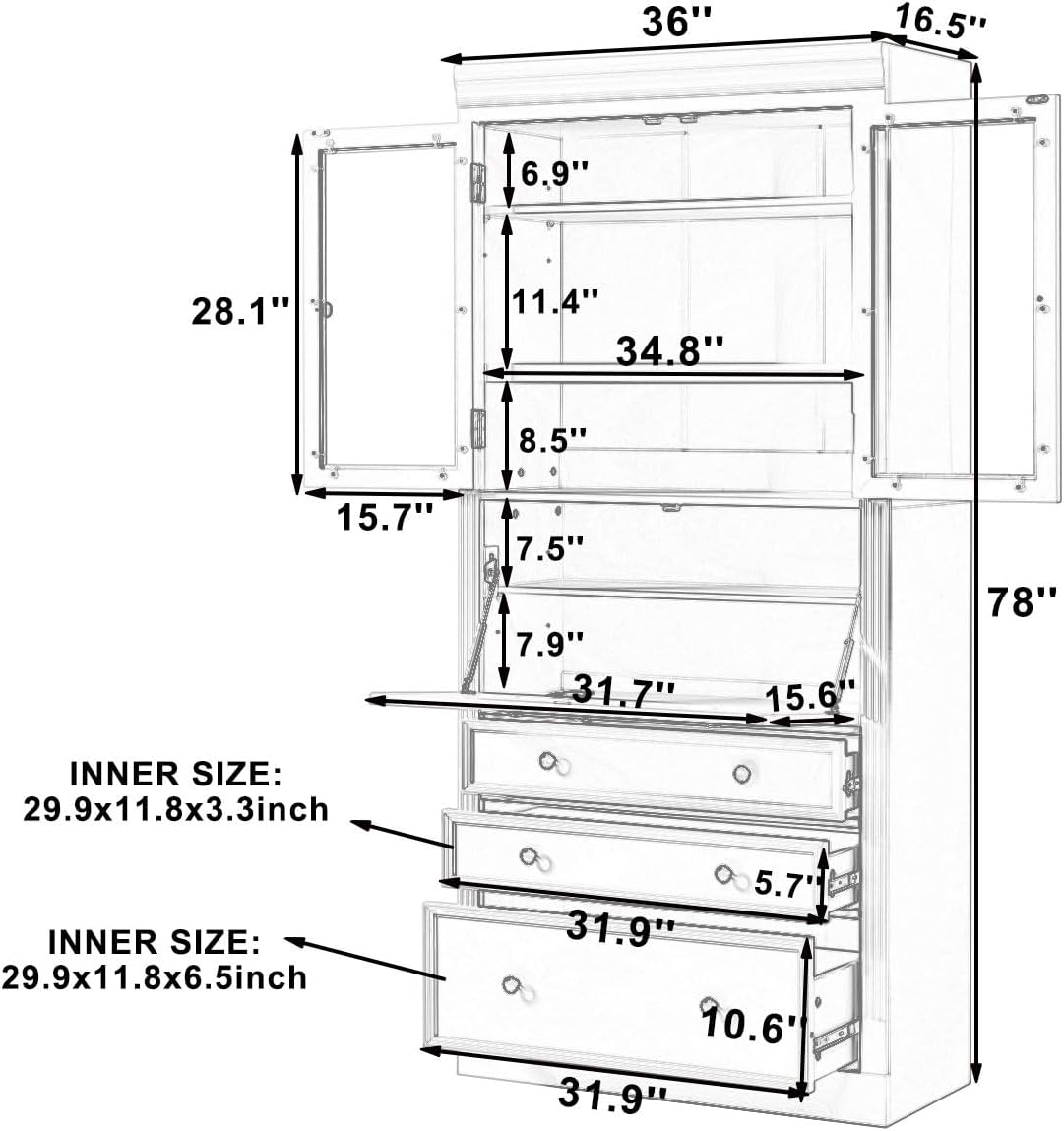 78" Tall Kitchen Pantry Cabinet, Freestanding Food Storage Pantry Cupboard with Power Outlet,3 Storage Compartments and Adjustable Shelves, Farmhouse Kitchen Hutch for Dining Room,Grey