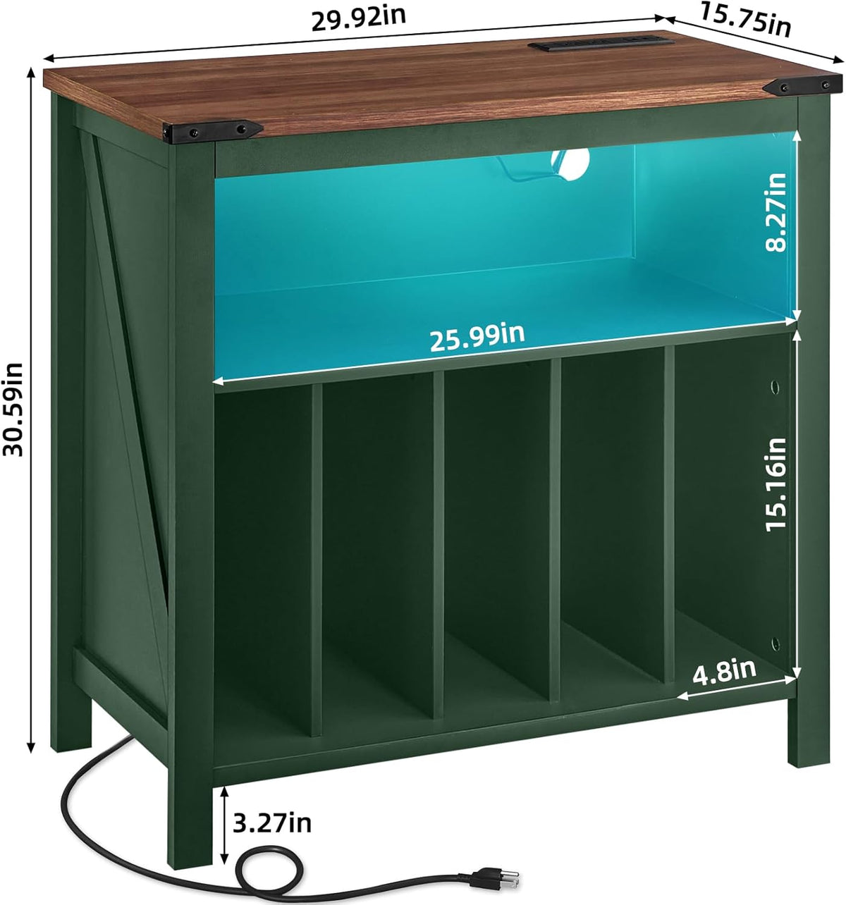 Joaxswe Large Record Player Table with Charging Station & LED Lights, Green Vinyl Record Storage Cabinet Holds up to 230 Albums, Turntable Stand with Display Shelf for Music Room Bedroom Living Room