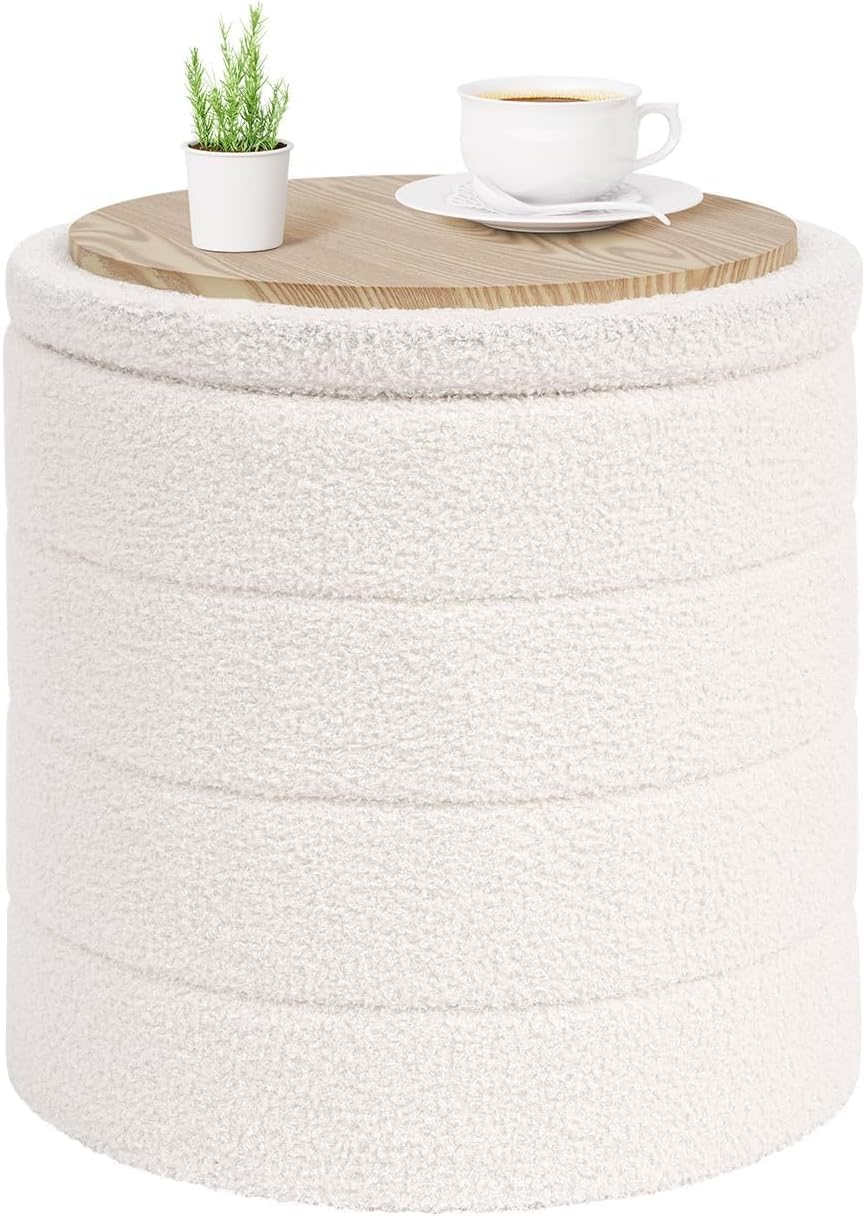 PINPLUS Round Storage Ottoman Foot Rest Stool with Tray Velvet Sherpa Folding Storage Ottoman,Boucle Foot Rest for Living Room, Bedroom, Dorm,Cream White
