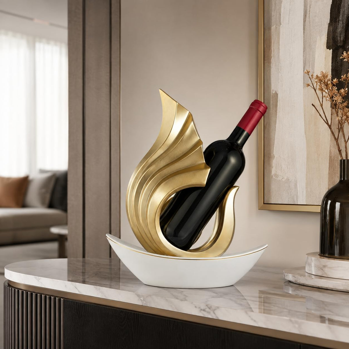 AWNR Gold Abstract Single Wine Liquor Bottle Holder Gifts, Display Shelf | Elegant Small Wine Racks Countertop for Cabinet Kitchen Shelves,Bottle Storage Decorative Accessories for Wine Lovers