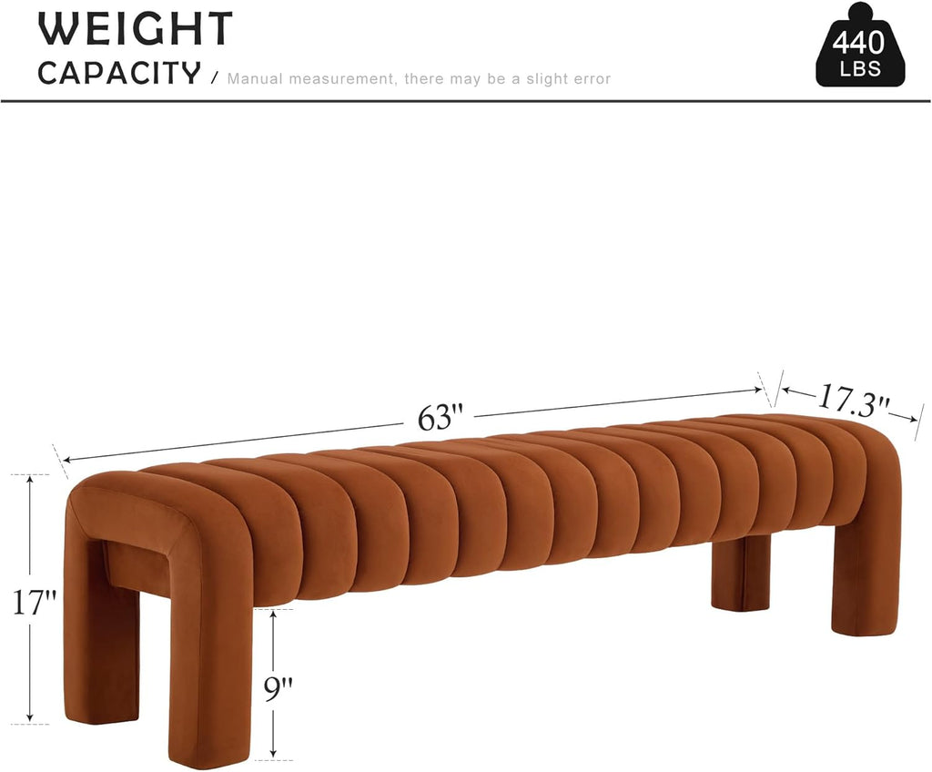 63" Bedroom Bench, Upholstered Entryway Bench, Modern End of Bed Ottoman with Solid Wood Legs and Adjustable Foot Pegs for Entryway, Dining Room and Living Room (Brown Velvet)