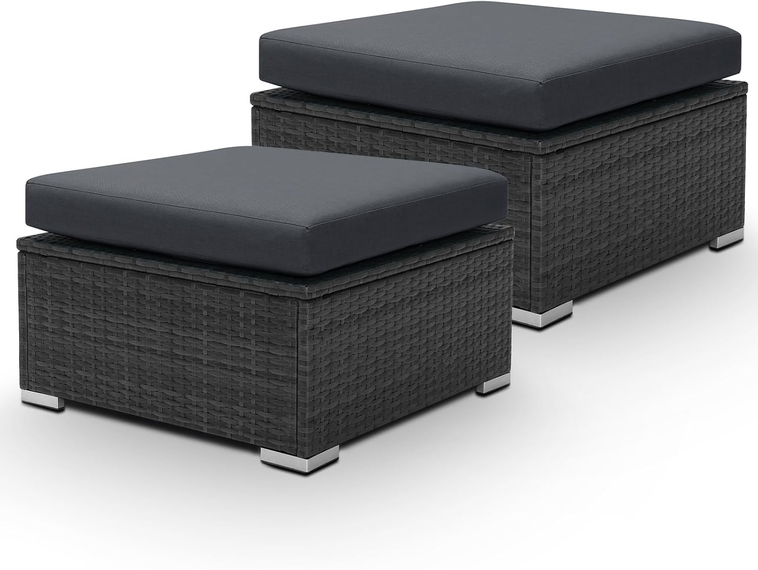 BULEXYARD 2 Pieces PE Rattan Patio Furniture Ottoman Sofas with Thick Cushions Outdoor Wicker Footrest for Backyard, Deck, Garden, Balcony (Dark Grey)