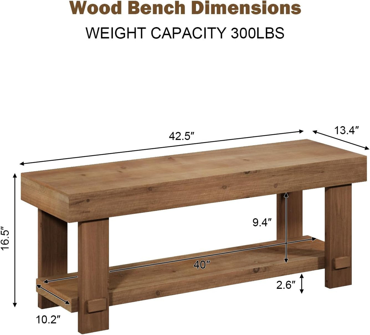 Solid Wood Bench - 42.5" Long Farmhouse Entryway Bench, Narrow End of Bed Storage Benches Seat for Indoor, Entryway, Dining Room, Living Room, Bedroom and Hallway, Natural