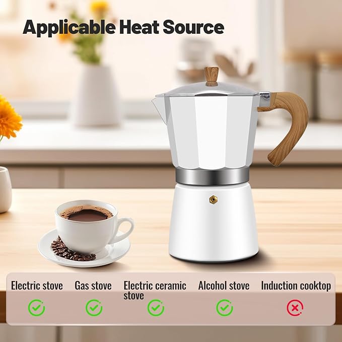 9 Cup Aluminum Moka Pot Classic Stovetop Espresso Coffee Maker 450ml 15oz Coffeemaker Percolator Mocha Express Preferred Cafe Makers for Italian and Cuban Café Brewing White