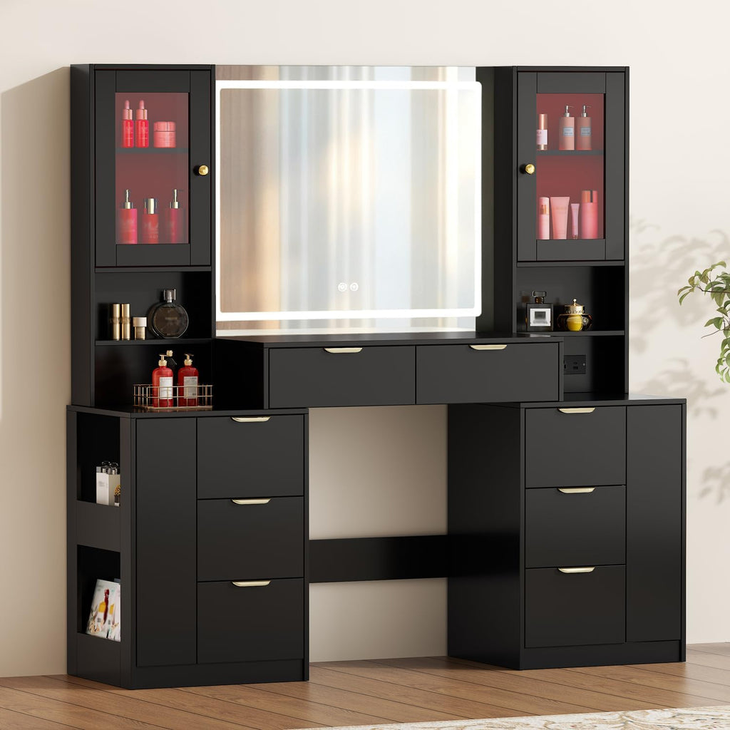 Chrangmay 55.4" Big Modern Vanity Desk with Mirror and Lights,Makeup Vanity Desk with 8 Drawers and Storage Shelves & Power Outlet,RBP Glass Cabinets, Black
