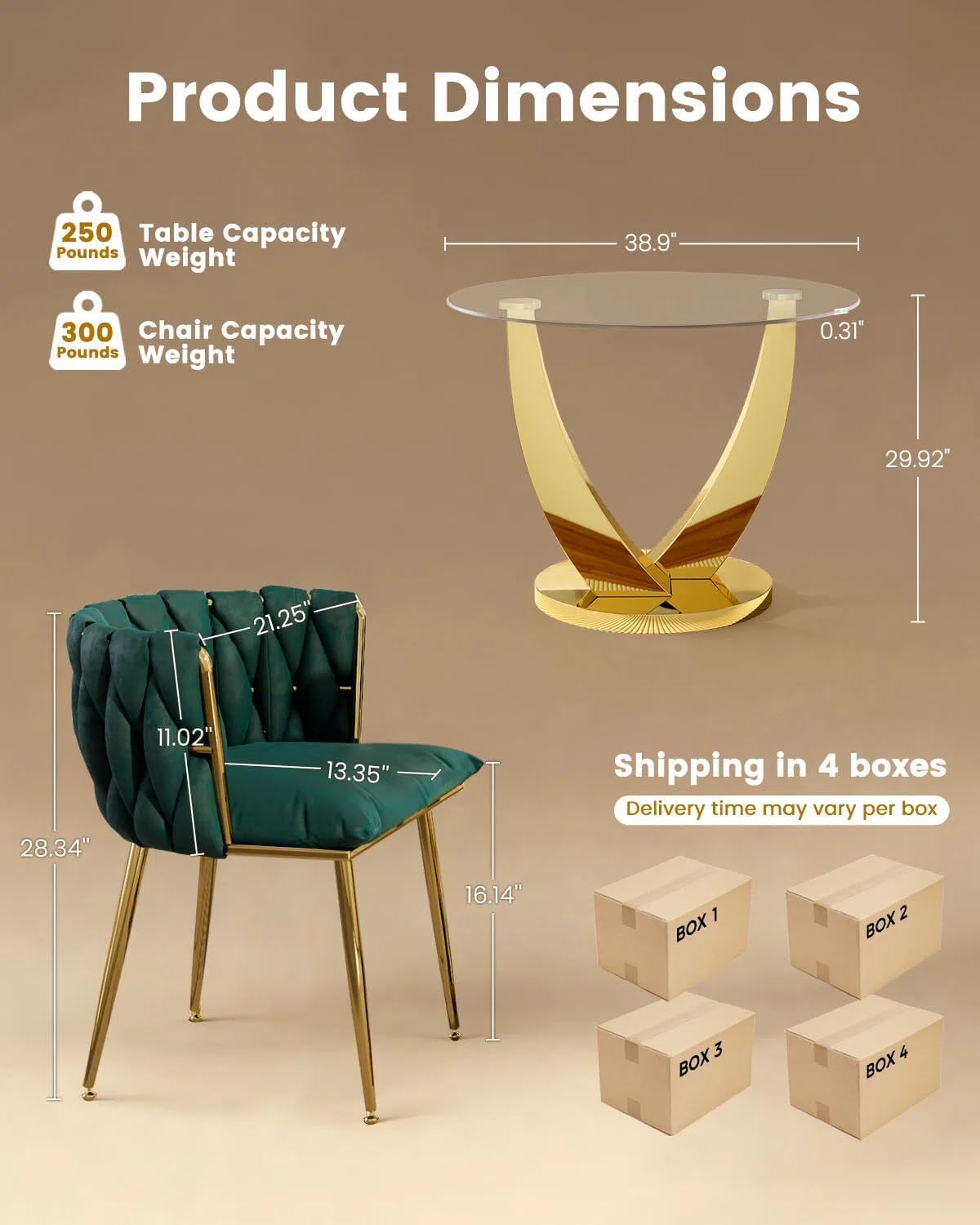 38.9" Round Glass Dining Table Set for 4, Modern Kitchen Table with 4 Upholstered Velvet Chairs, Tempered Glass Top with Golden Steel Base, 5 Pieces Dining Table Set for Small Space- Green