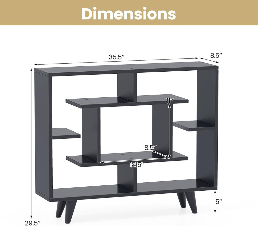 Giantex 3 Tier Geometric Bookshelf, Modern Freestanding Bookcase w/Staggered Shelves, Decorative Open Storage Display Shelves with Legs, Mid Century Storage Organizer for Living Room (Dark Gray)