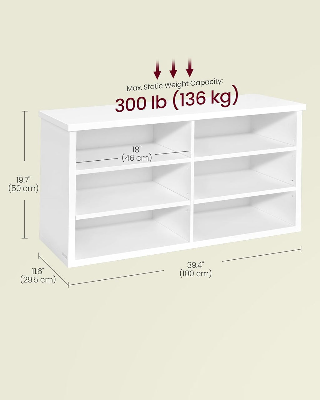 VASAGLE Shoe Bench, Storage Bench, 6 Compartments, Adjustable Shelves, for Living Room, Entryway, Dorm, 11.6 x 39.4 x 19.7 Inches, Cloud White ULSB036W01