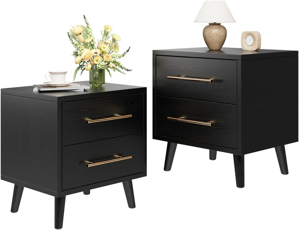 Ahomly Night Stand with 2 Drawers, Solid Wood Side Table for Bedroom, Black | Solid Wood Bedside Table with Two Drawers, Metal Handle, Compact Storage for Bedrooms and Sofa Sides