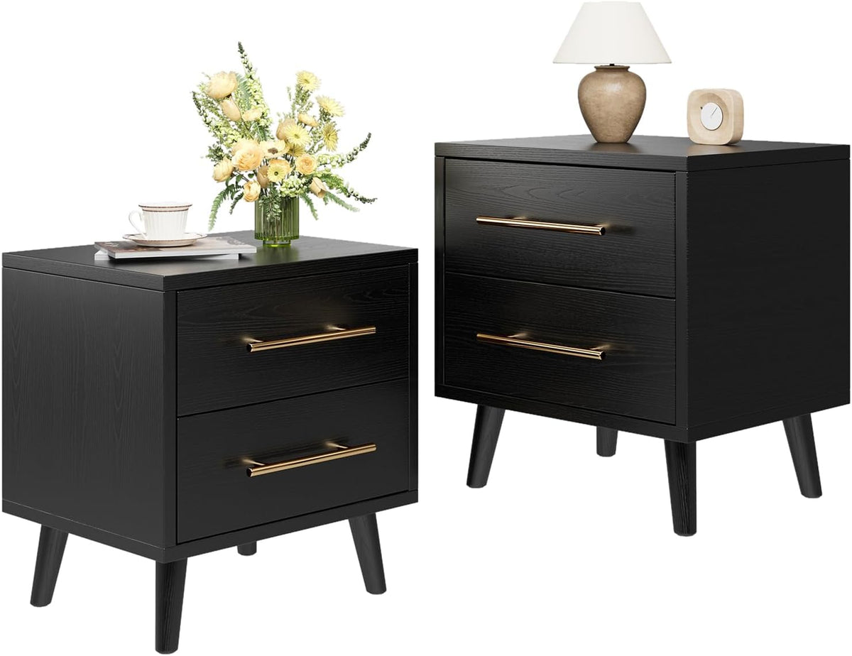 Ahomly Night Stand with 2 Drawers, Solid Wood Side Table for Bedroom, Black | Solid Wood Bedside Table with Two Drawers, Metal Handle, Compact Storage for Bedrooms and Sofa Sides