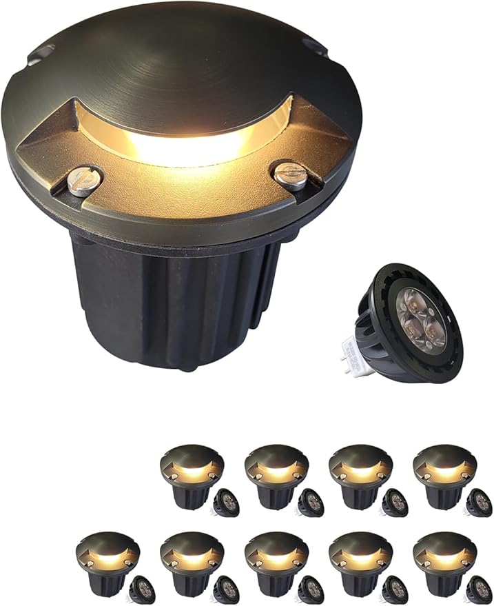 MALORY Brass Top Cover Landscape Well Lights,(5‘’H) 12V Low Voltage Outdoor In Ground Lights,5W Landscape Lighting for Pathway, Driveway and Garden (One-Direction Turret, 10-Pack with Bulb)