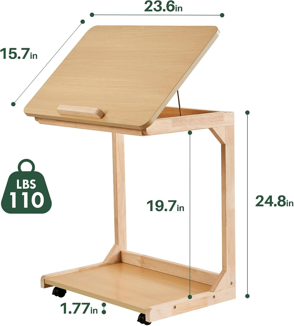 C-Shaped End Table with Wheels - Solid Wood C Shape Rolling Side Table for Couch, Wooden Tv Tray Under Bedside Tables for Sofa Living Room Bedroom, Natural, 15.7 in x 23.6 in x 24.8 in