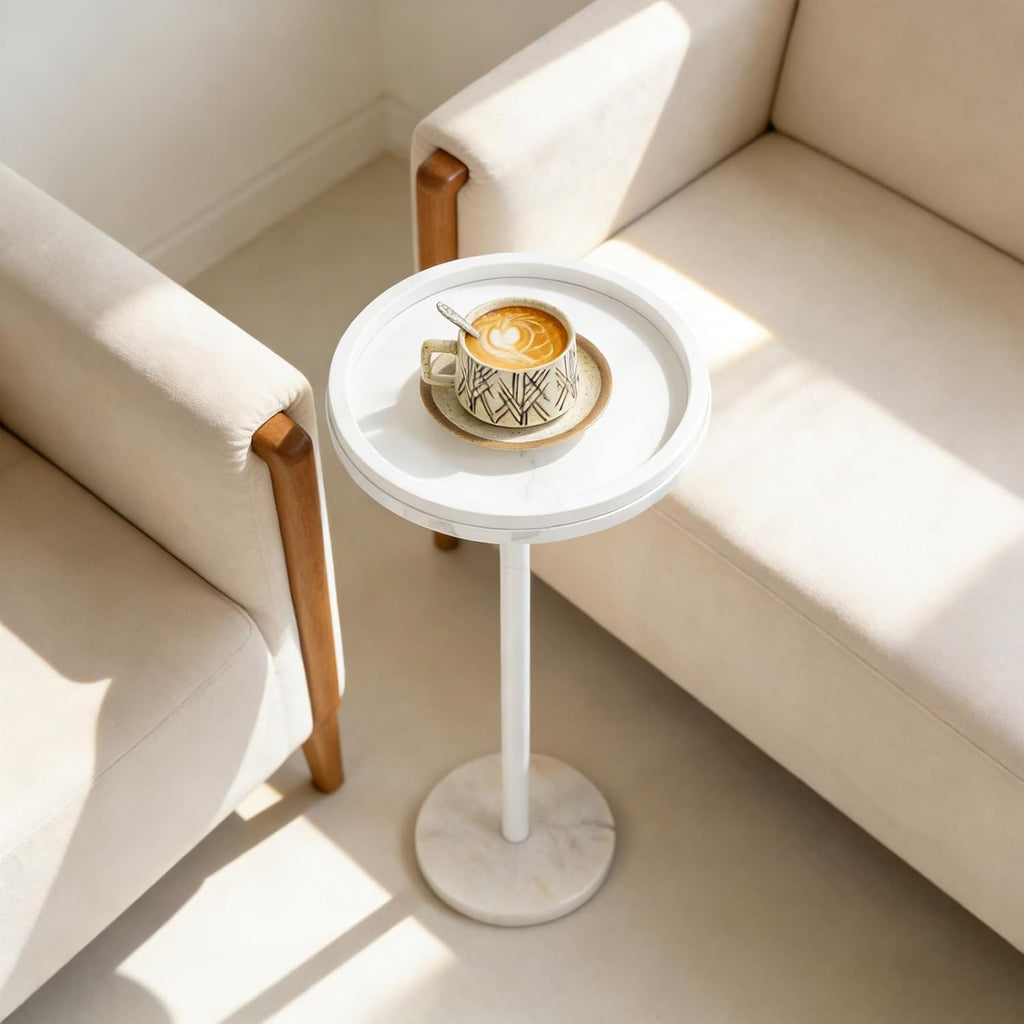 smusei Small Drink Table with Marble Base Round Side Table for Small Spaces Pedestal Side Table with Anti-Fall Guard for Living Room Bedroom Home Decor, White