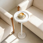 smusei Small Drink Table with Marble Base Round Side Table for Small Spaces Pedestal Side Table with Anti-Fall Guard for Living Room Bedroom Home Decor, White