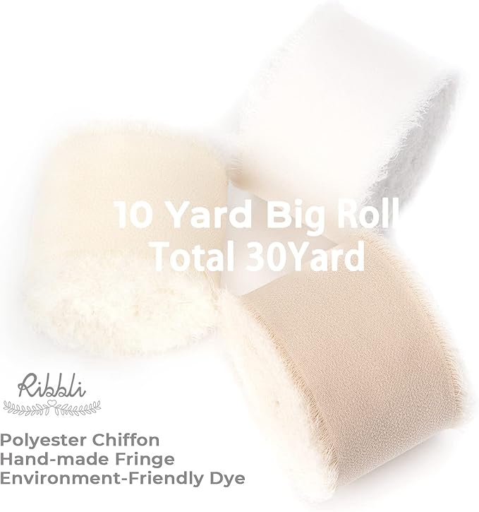 Ribbli Chiffon Ribbon - 1.5 inch x 30 Yard Handmade Silk, White/Ivory/Nude Fringe Chiffon for Wedding Invitations, Gift Wrapping, Bridal Bouquets, Flower Arrangement Decoration