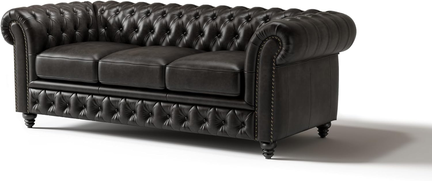Valencia Parma Chesterfield 3 Seater Sofa 82" | Premium Leather | Mid-Century Leather Couch with Classic Button Tufted Back, Wood Legs for Living Room, Black