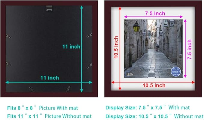 RPJC 11x11 inch Picture Frame Made of Solid Wood and High Definition Glass Display Picture 8x8 with Mat or 11x11 Without Mat for Wall Mounting Photo Frames Dark Brown