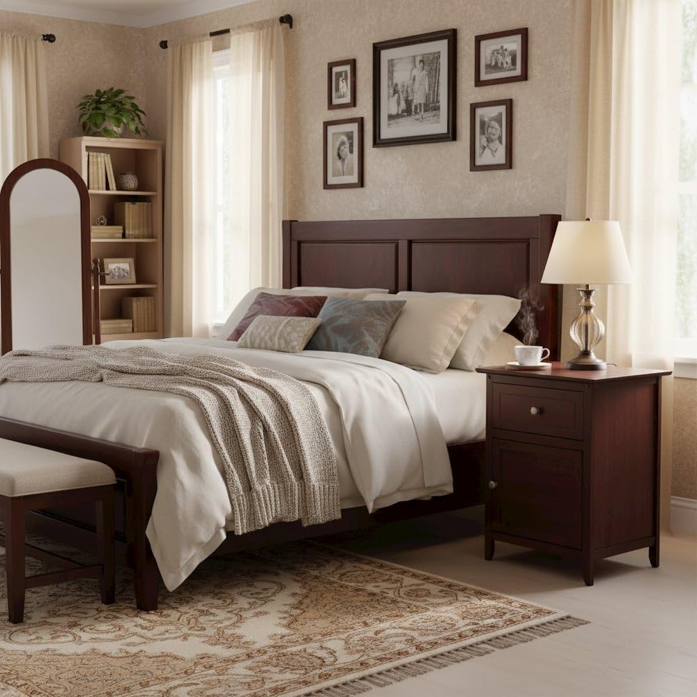 Furnifact Farmhouse End Table in Solid Wood Walnut Finish, Wooden Nightstand with Drawer and Cabinet, Side Table with Storage for Bedroom Or Living Room