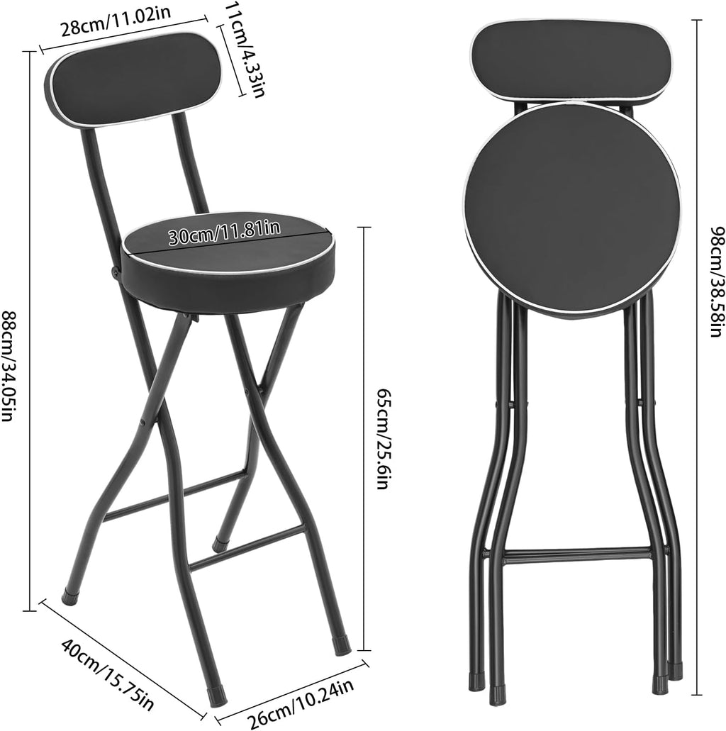 LOYALHEARTDY 2 Pcs Folding Stool, 25.6 in Cushioned Padded Folding Stool Portable Bar Stool with Back for Camping Kitchen Home Office (Black)