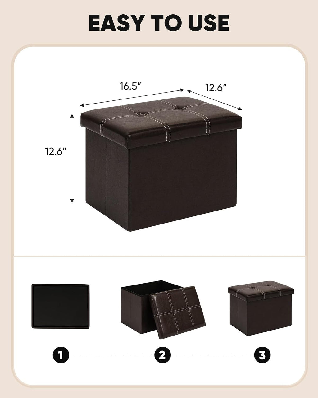 B FSOBEIIALEO Folding Storage Ottoman, 16.5" Faux Leather Ottomans, Brown | Small Ottoman Foot Rest with Padded Seat, Rectangle Coffee Table Chest Bench, for Dorm Living Room