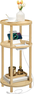 HOOBRO Small Round Side Table with Charging Station, 3-Tier Round Bamboo End Table, Compact Sofa Bedside Table for Small Space, Easy Assembly, for Living Room, Bedroom, Apartment, Natural YL152UBZ01