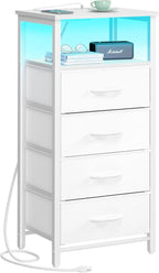 Yoobure Night Stand - LED White Nightstand with Charging Station, Bedside Table with 4 Storage Drawers and Storage Shelf, End Table with USB Ports and Outlets, Tall Nightstand for Bedroom