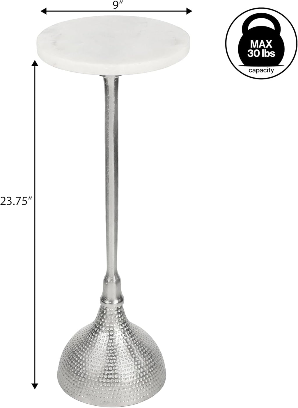 Eyely DNE4001B Kai 23.75" Art Deco Metal Pedestal Drink Table and Decorative End Table w/White Marble Round Top and Hammered Base for Living Room, Bedroom, Nickel