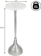 Eyely DNE4001B Kai 23.75" Art Deco Metal Pedestal Drink Table and Decorative End Table w/White Marble Round Top and Hammered Base for Living Room, Bedroom, Nickel